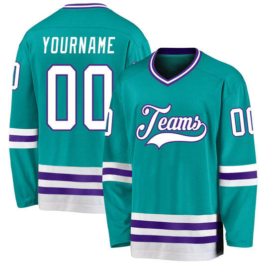 Customizable Aqua White-Purple Hockey Jersey for Men, Women