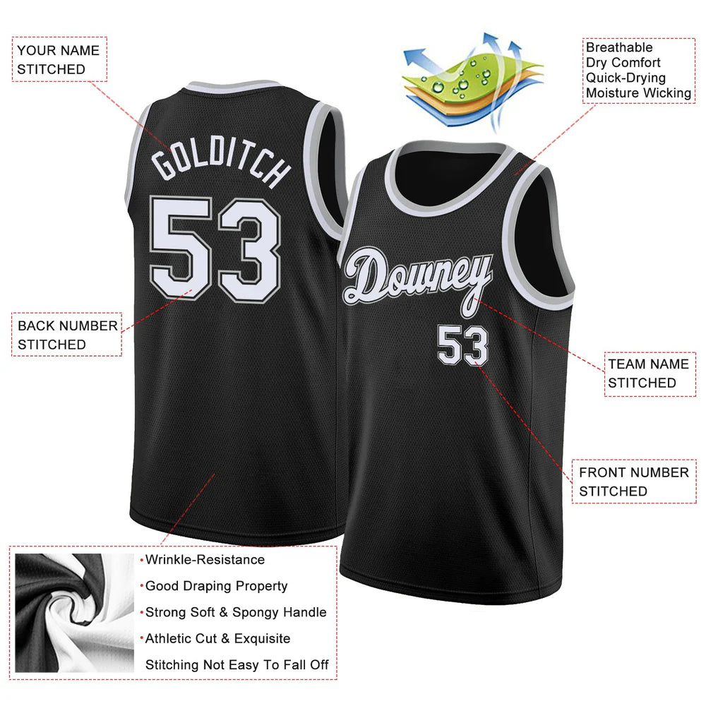 Custom Black White-Gray Round Neck Rib-Knit Basketball Jersey