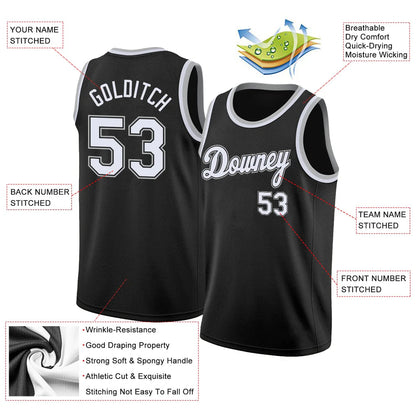 Custom Black White-Gray Round Neck Rib-Knit Basketball Jersey