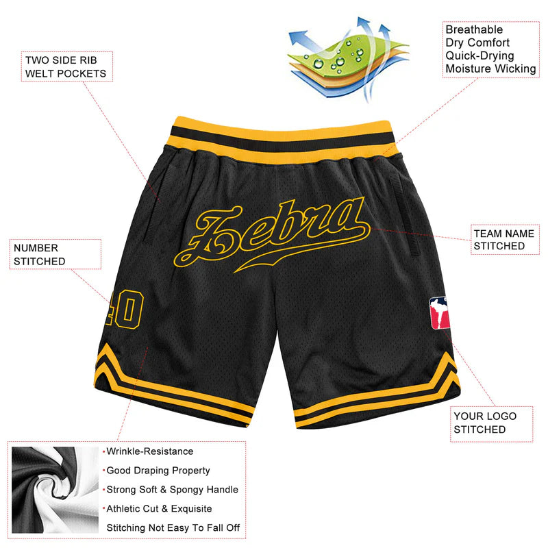 Custom Black Black-Gold Authentic Throwback Basketball Shorts