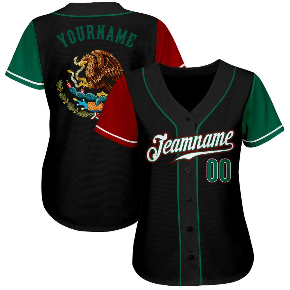 Custom Black Kelly Green-Red Authentic Mexico Baseball Jersey