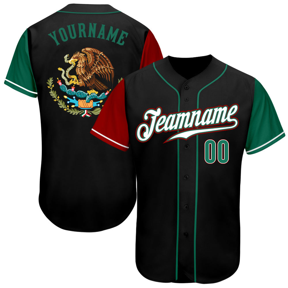 Custom Black Kelly Green-Red Authentic Mexico Baseball Jersey