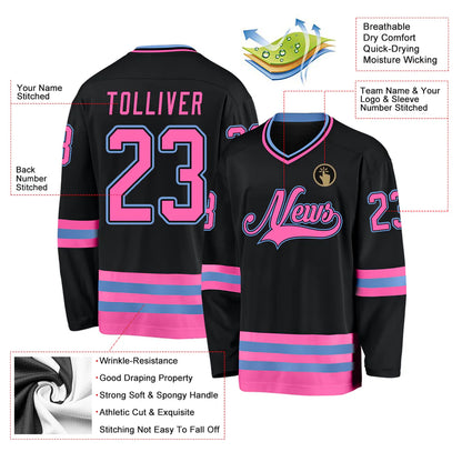 Custom Black Pink-Light Blue Hockey Jersey