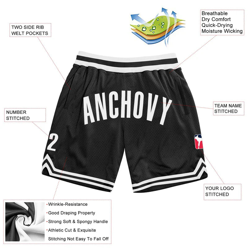 Custom Black White Authentic Throwback Basketball Shorts