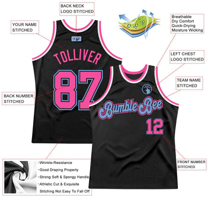 Custom Black Pink-Light Blue Authentic Throwback Basketball Jersey