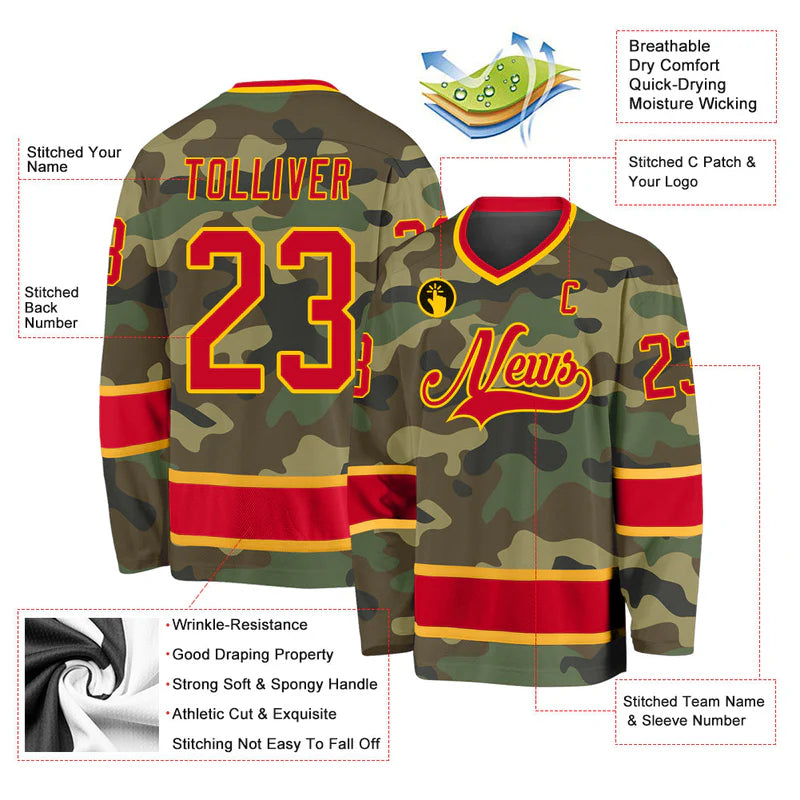 Custom Camo Red-Gold Salute To Service Hockey Jersey