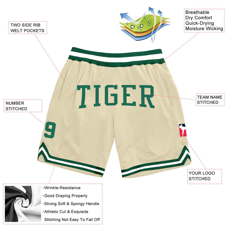 Custom Cream Kelly Green-White Authentic Throwback Basketball Shorts