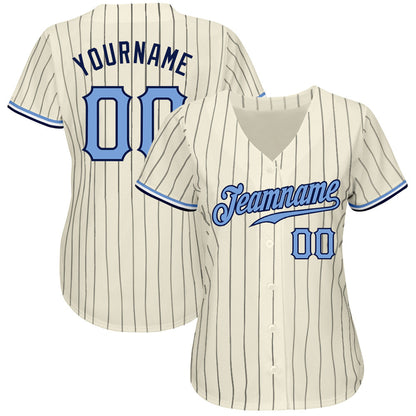 Custom Cream Navy Pinstripe Light Blue-Navy Authentic Baseball Jersey