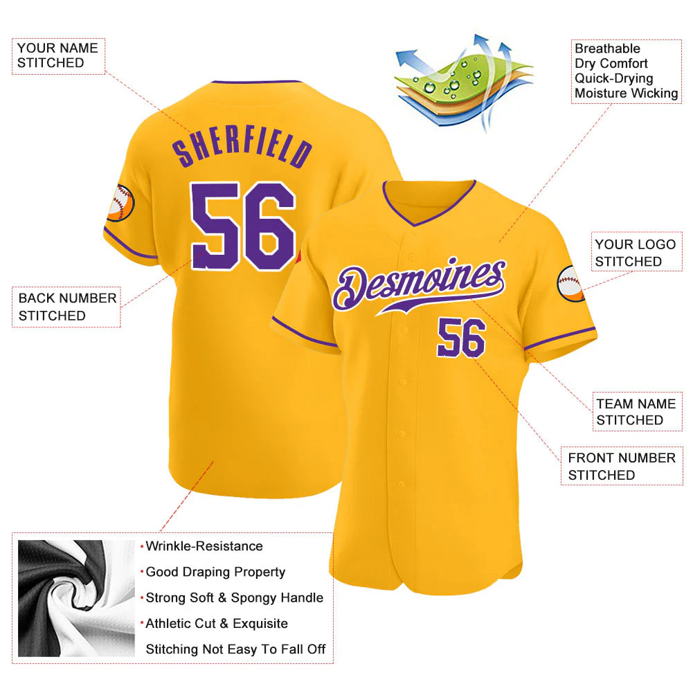 Custom Gold Purple-White Authentic Baseball Jersey