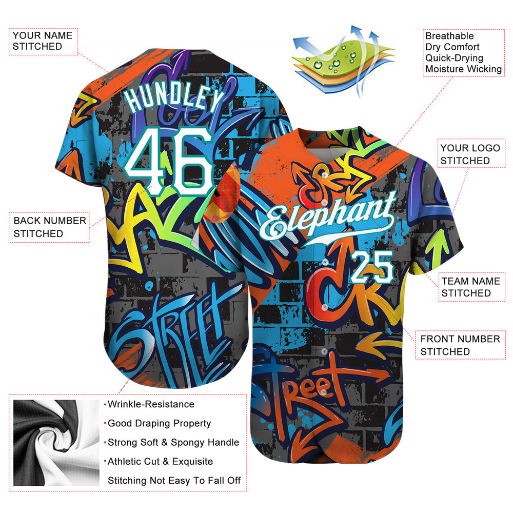 Custom Graffiti Geometric Pattern White-Teal 3D Authentic Baseball Jersey