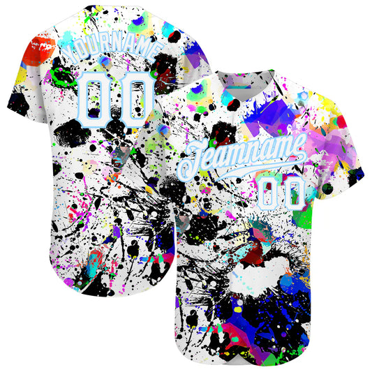 Custom Splashes Graffiti Pattern White-Light Blue 3D Authentic Baseball Jersey