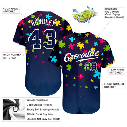 Custom Autism Awareness Puzzle Pieces Navy-White 3D Authentic Baseball Jersey