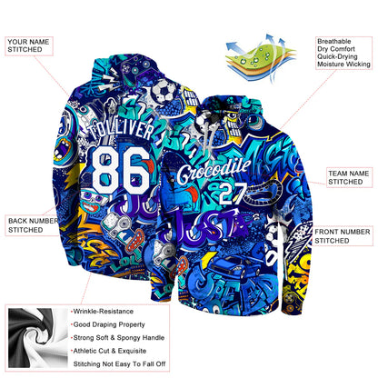 Custom Stitched Graffiti Pattern White-Royal 3D Sports Pullover Sweatshirt Hoodie