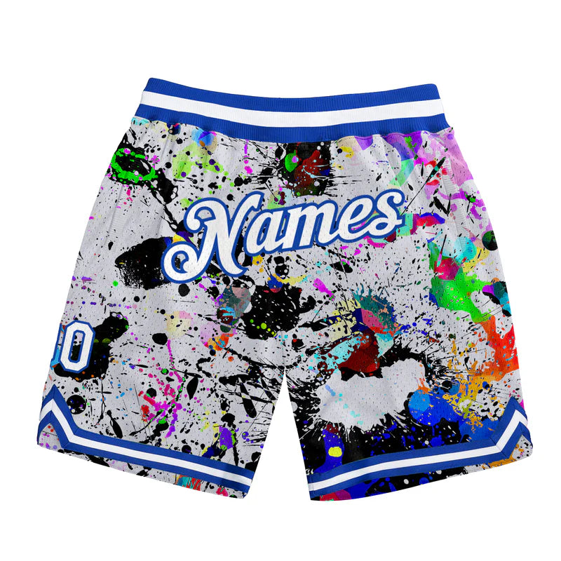 Custom Graffiti Pattern White-Royal 3D Authentic Basketball Shorts