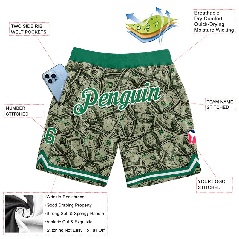 Custom Green Kelly Green-White 3D Pattern Design Dollar Authentic Basketball Shorts