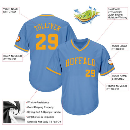 Custom Light Blue Gold Authentic Throwback Rib-Knit Baseball Jersey Shirt