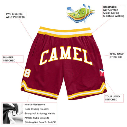 Custom Maroon White-Gold Authentic Throwback Basketball Shorts