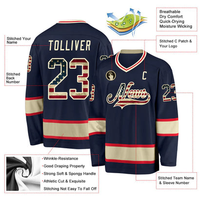 Custom Navy Vintage USA Flag-Cream Hockey Jersey