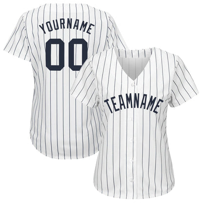 Custom White Navy Pinstripe Navy Baseball Jersey