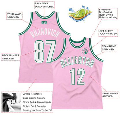 Custom Light Pink White-Kelly Green Authentic Throwback Basketball Jersey