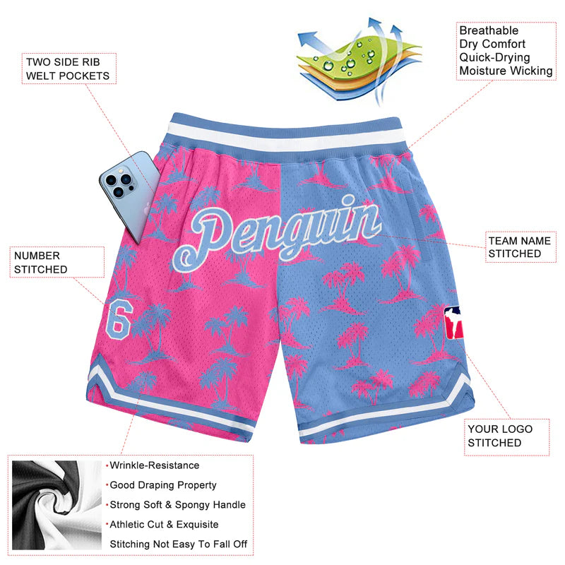 Custom Pink Light Blue-White 3D Pattern Design Palm Trees Authentic Basketball Shorts