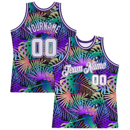 Custom Purple White-Purple 3D Pattern Tropical Hawaii Plants Authentic Basketball Jersey