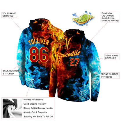 Custom Stitched Red Red-Gold 3D Pattern Design Flame Sports Pullover Sweatshirt Hoodie