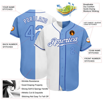 Custom White Light Blue-Royal Authentic Split Fashion Baseball Jersey