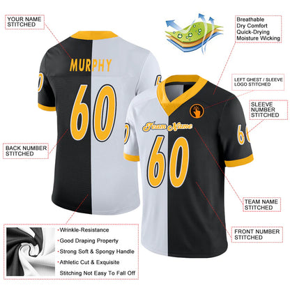 Custom Black Gold-White Mesh Split Fashion Football Jersey