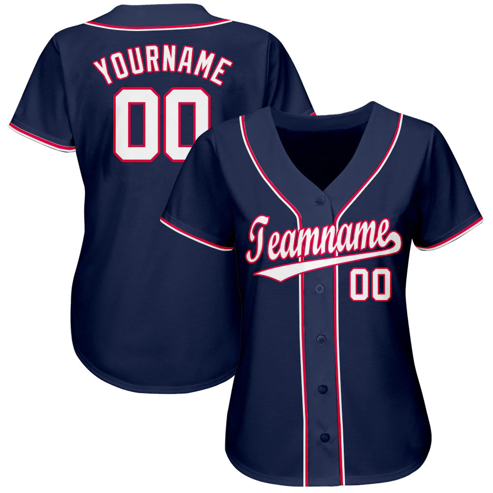 Custom Navy White-Red Baseball Jersey