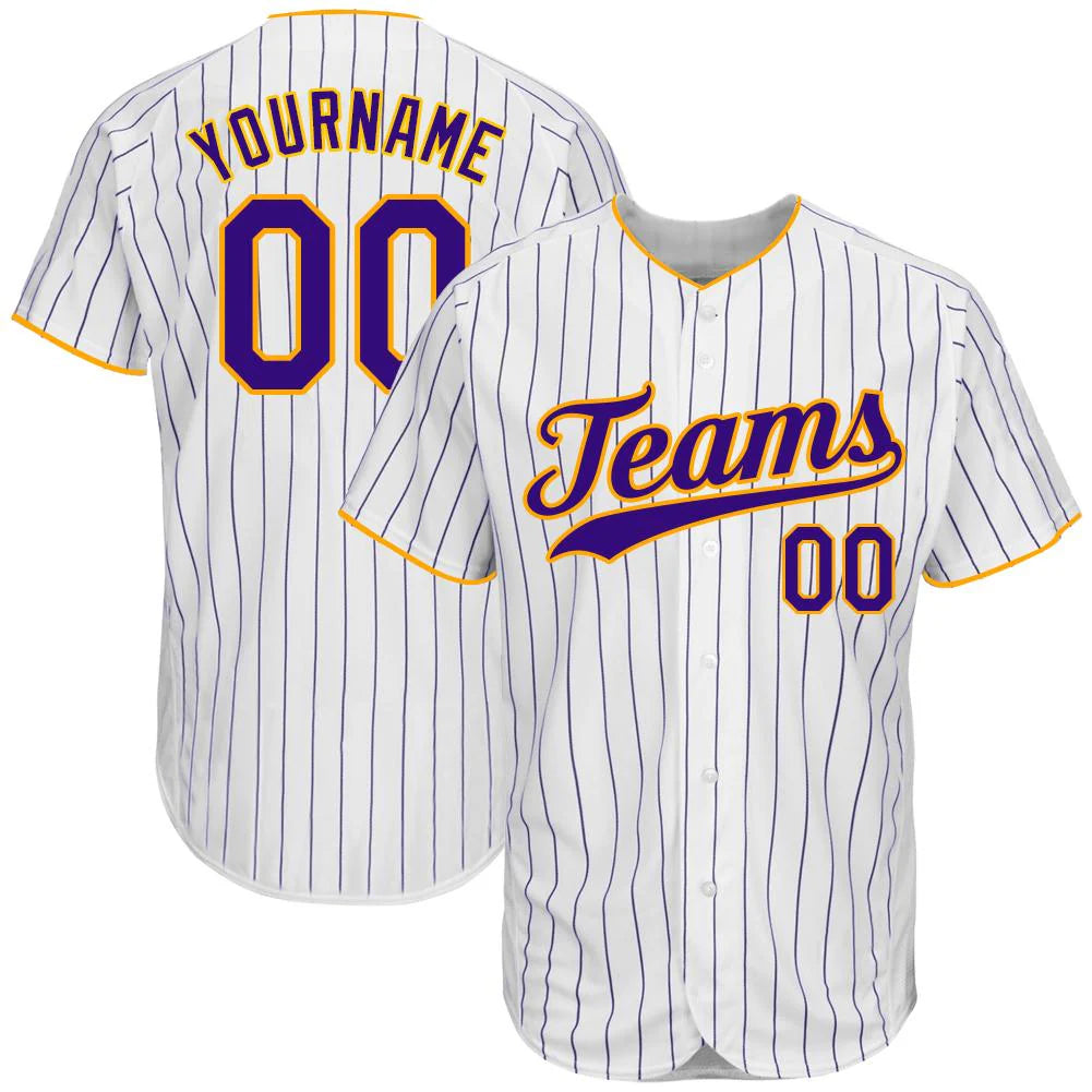 Custom White Purple Pinstripe Purple-Gold Authentic Baseball Jersey