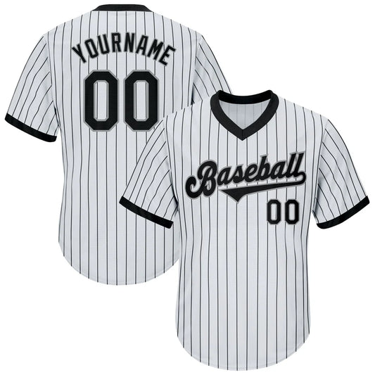 Custom White Black Pinstripe Black-Gray Authentic Throwback Rib-Knit Baseball Jersey Shirt