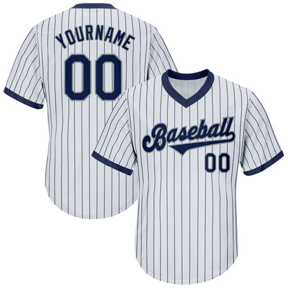 Custom White Navy Pinstripe Navy-Gray Authentic Throwback Rib-Knit Baseball Jersey Shirt