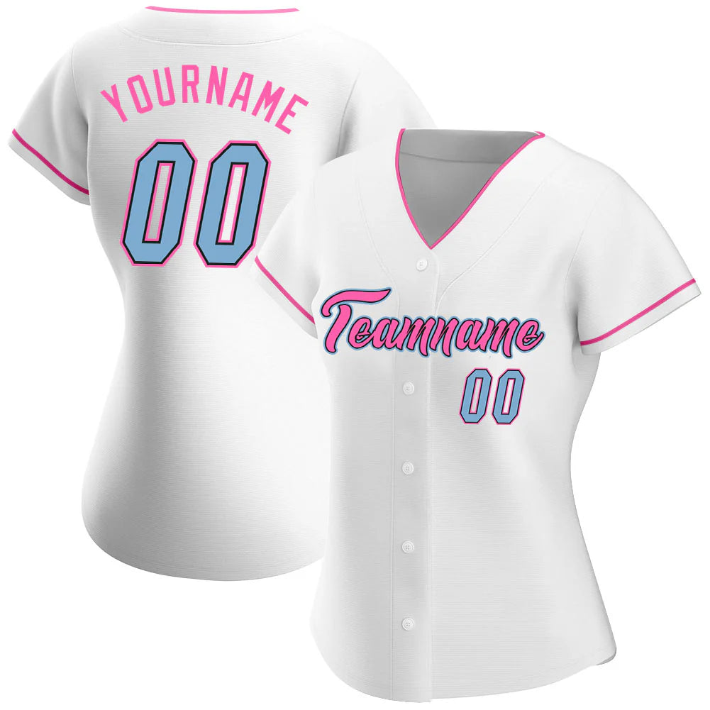 Custom White Light Blue-Pink Authentic Baseball Jersey