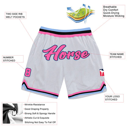 Custom White Pink-Light Blue Authentic Throwback Basketball Shorts