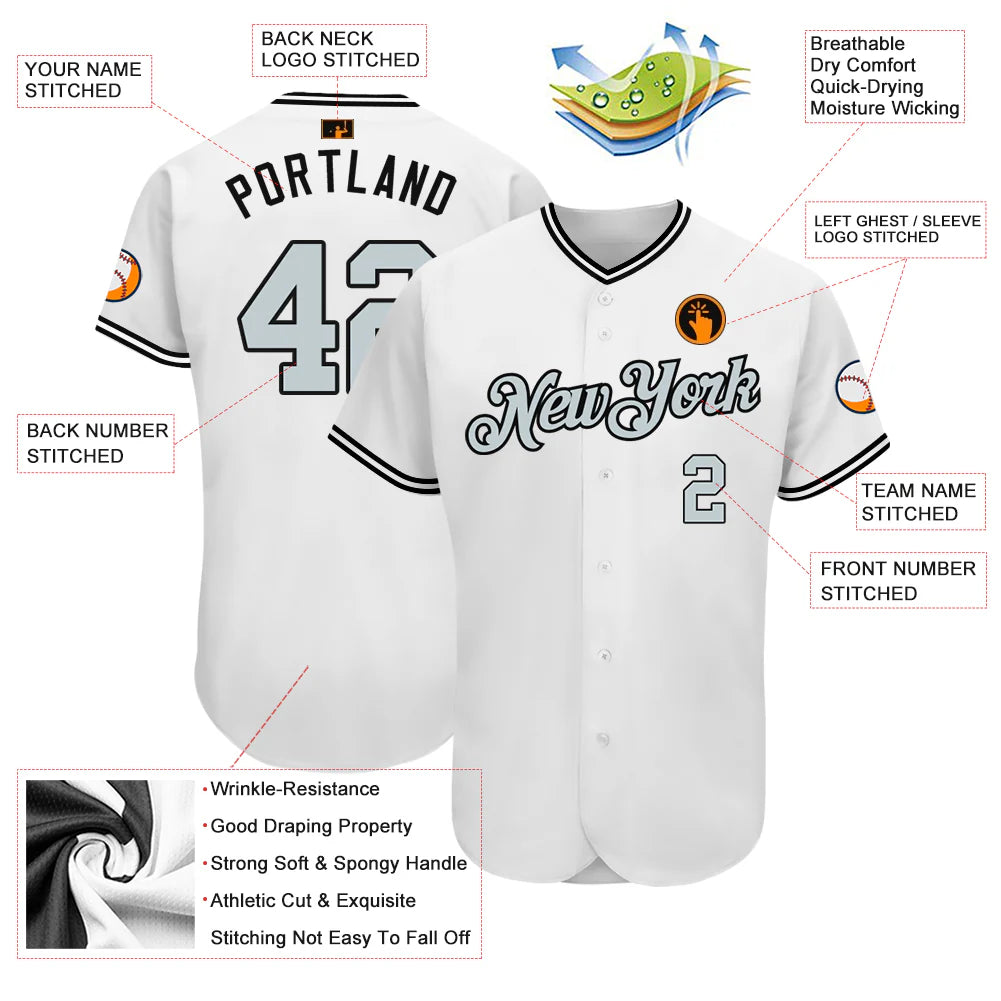 Custom White Silver-Black Authentic Baseball Jersey