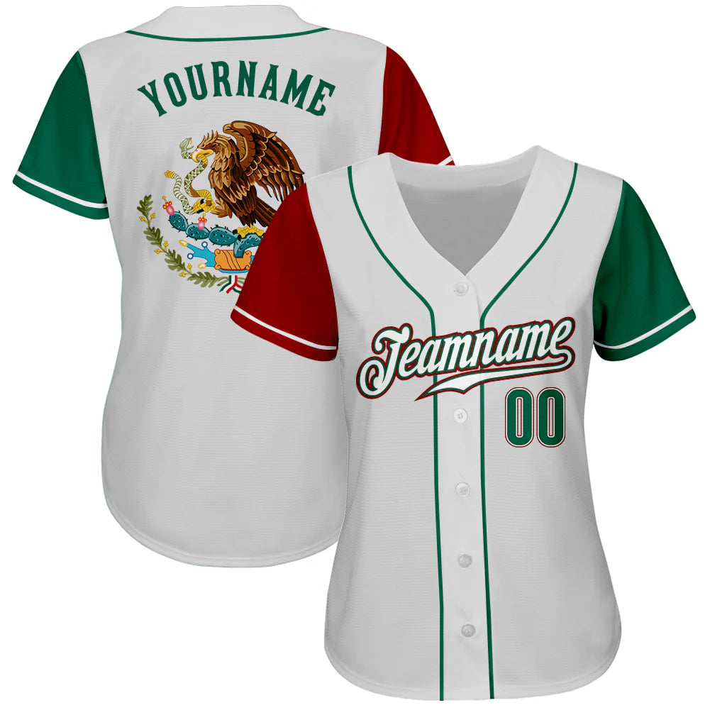 Custom White Kelly Green-Red Authentic Mexico Baseball Jersey